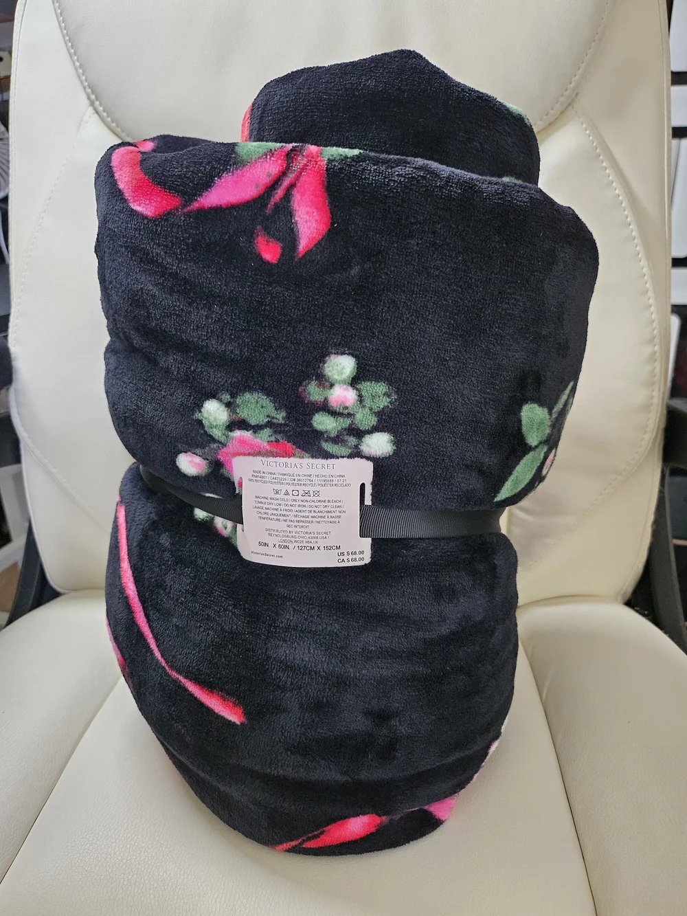 Victoria's Secret Black Plush Throw with Red & Green Floral Print